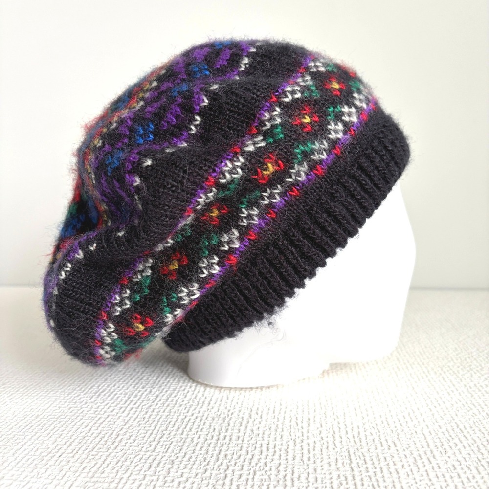 Vintage Karis Beret Hat Fair Isle Knit Slouchy Beanie OS Black Multicolor Hippy